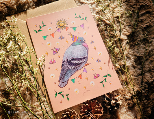 Pigeon Party - greeting card illustrated by Grace Moth - A5 sized, 5.8 x 8.3, Cute Birthday Bird