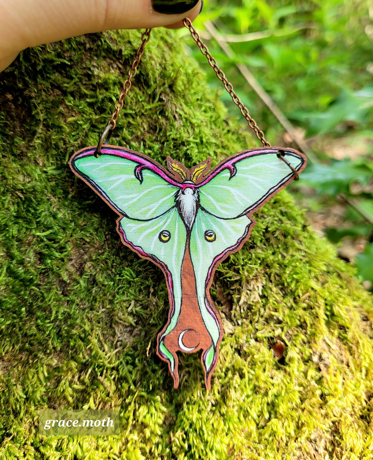 Large Luna Moth illustrated ornament, wall hanging, responsibly sourced cherry wood, by Grace Moth