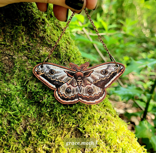 Large Emperor Moth illustrated ornament, wall hanging, responsibly sourced cherry wood, by Grace Moth
