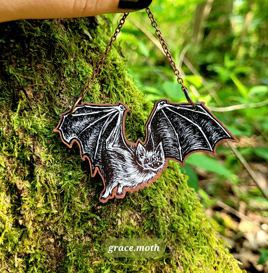 Large Bat illustrated ornament, wall hanging, 7.5cm responsibly sourced cherry wood, by Grace Moth