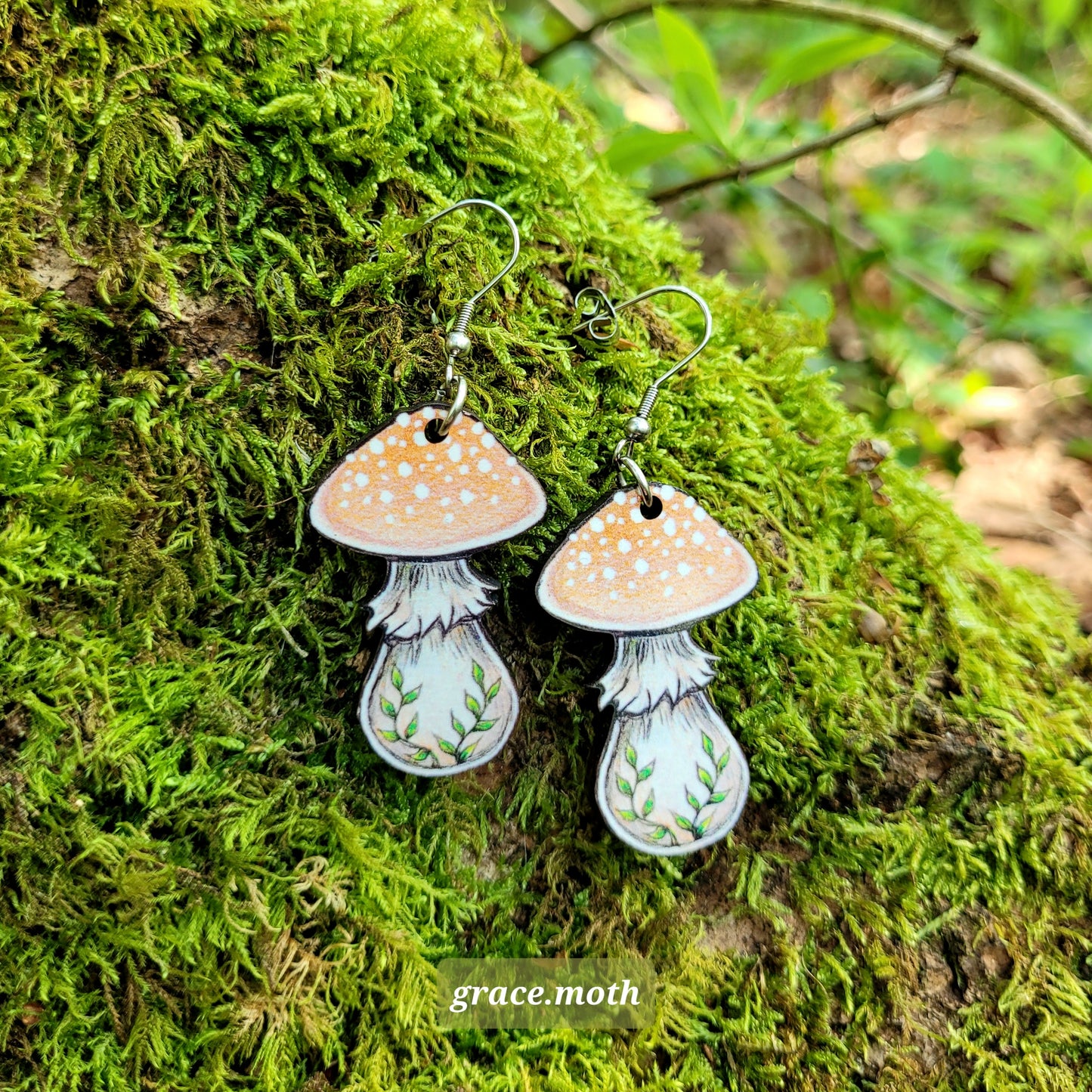 Peach Mushroom illustrated earrings, responsibly sourced cherry wood, 304 Stainless Steel hooks, by Grace Moth