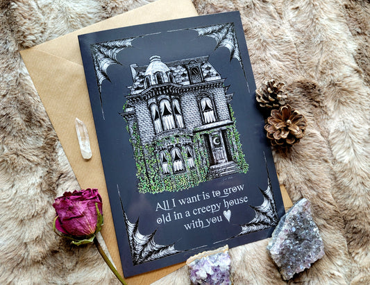 Creepy House - A5 valentines anniversary greeting card by Grace Moth - 5.8 x 8.3, gothic creepy