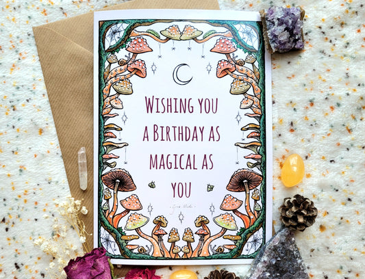 Magical Birthday - A5 witchy mushroom greeting card by Grace Moth - 5.8 x 8.3, fungi cottagecore