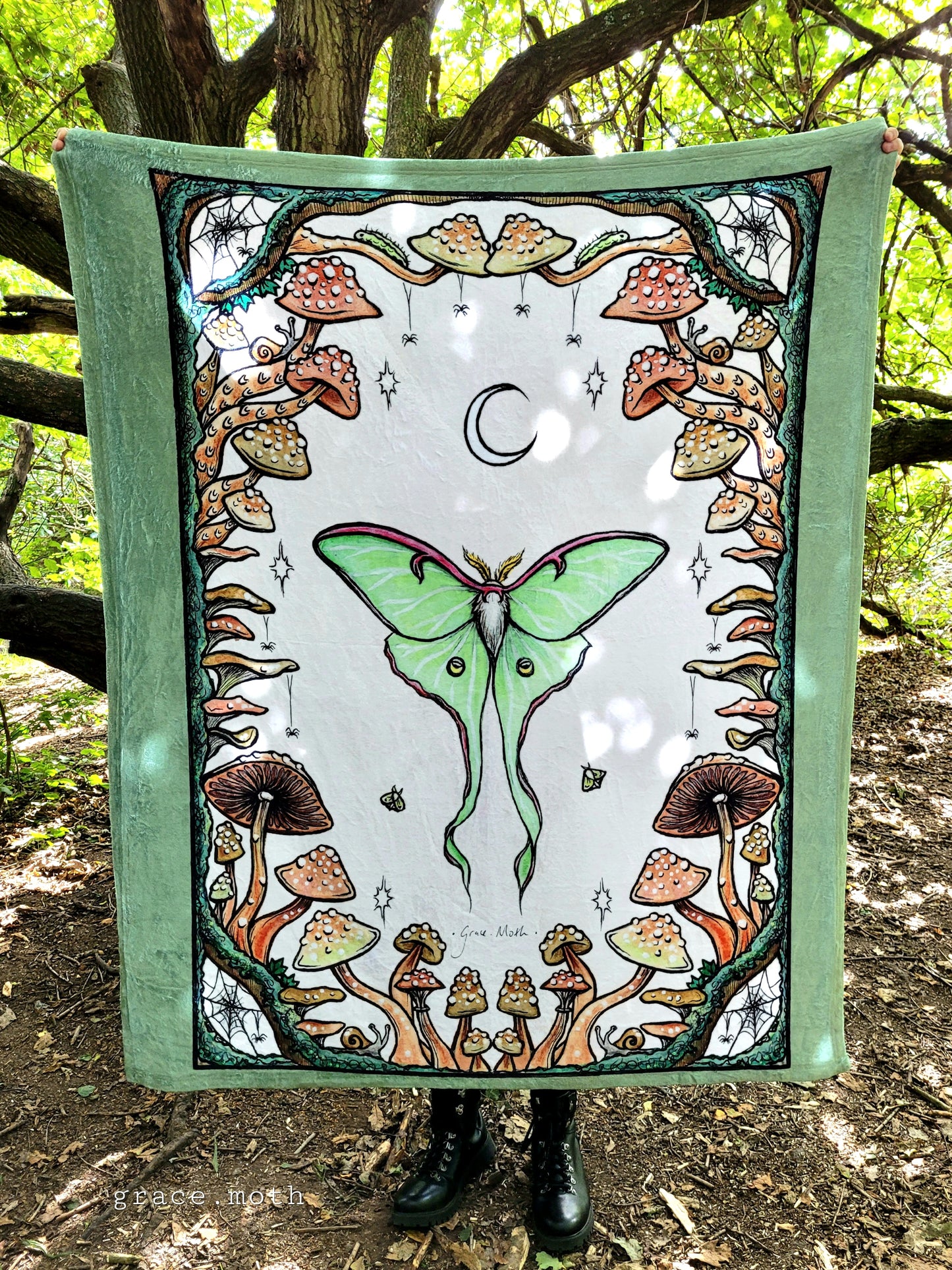 Luna Moth and Mushrooms throw blanket - witchy gothic original design by Grace Moth - 50" by 60"