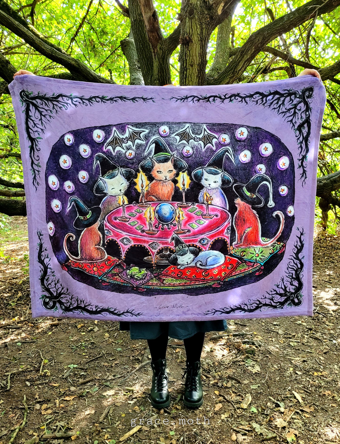 Cat Coven purple throw blanket - witchy gothic original design by Grace Moth - 50" by 60"