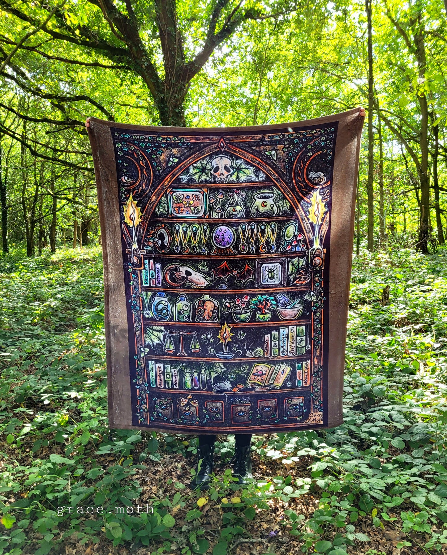 Apothecary Shelves brown throw blanket - witchy gothic original design by Grace Moth - 50" by 60"