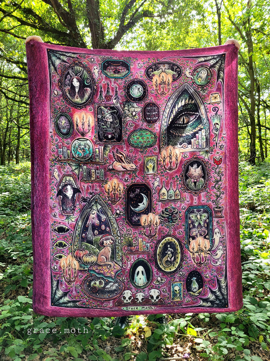 Oddities Wall of Frames crimson pink throw blanket - witchy gothic original design by Grace Moth - 50" by 60"