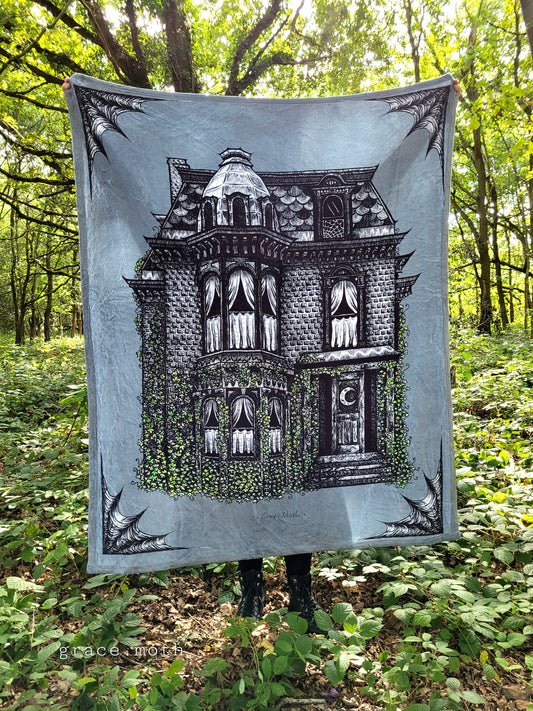 Haunted House grey throw blanket - witchy gothic original design by Grace Moth - 50" by 60"