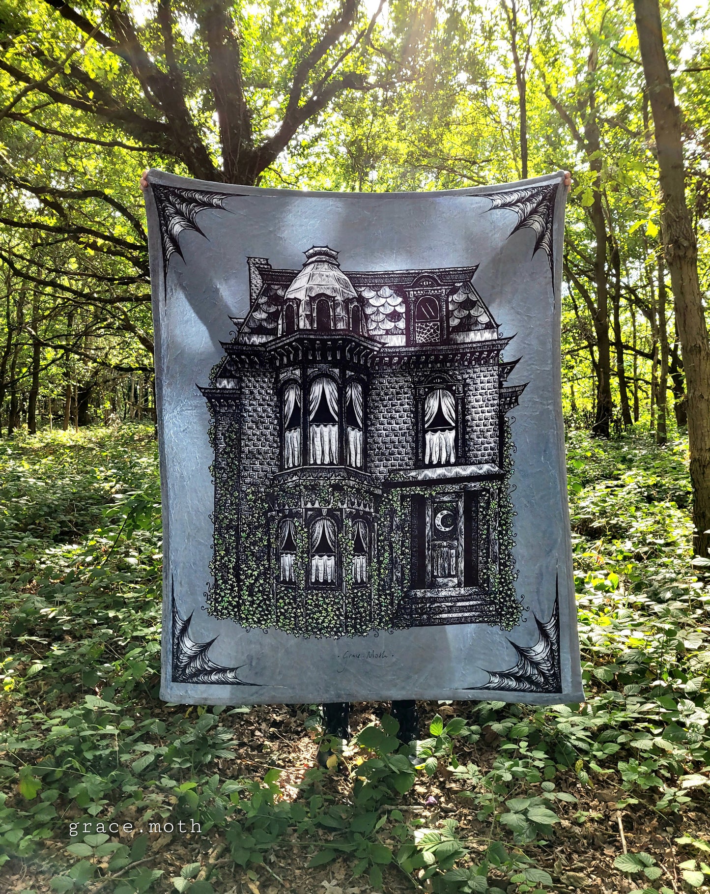 Haunted House grey throw blanket - witchy gothic original design by Grace Moth - 50" by 60"