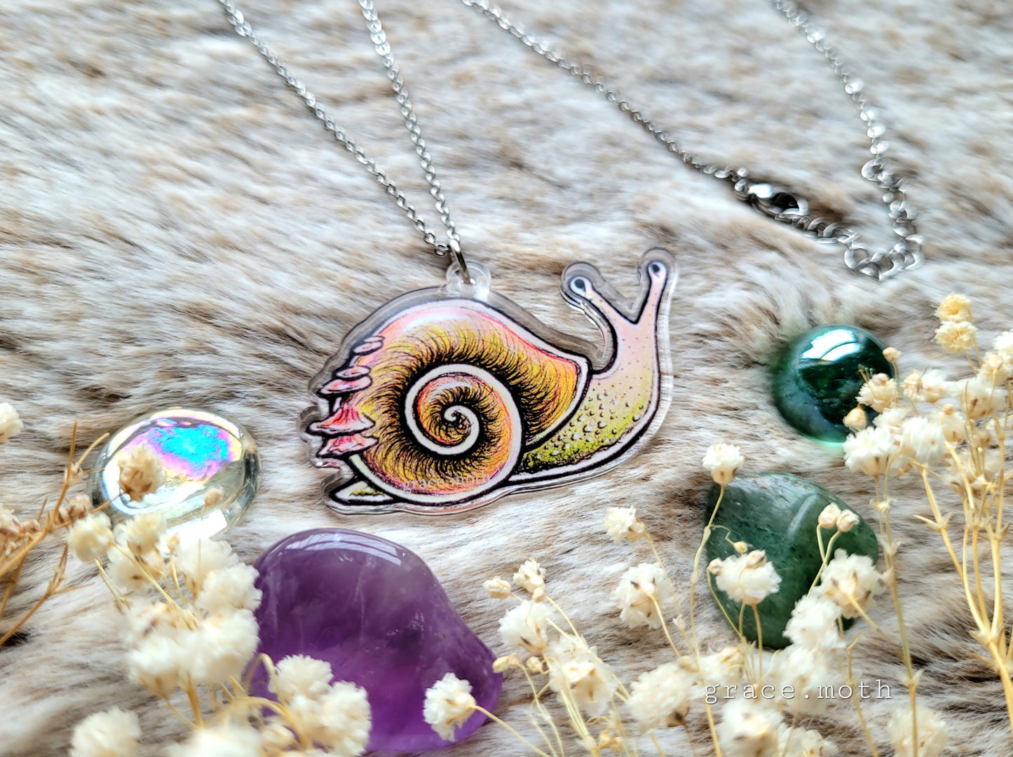 Cute Snail illustrated necklace, recycled acrylic, by Grace Moth