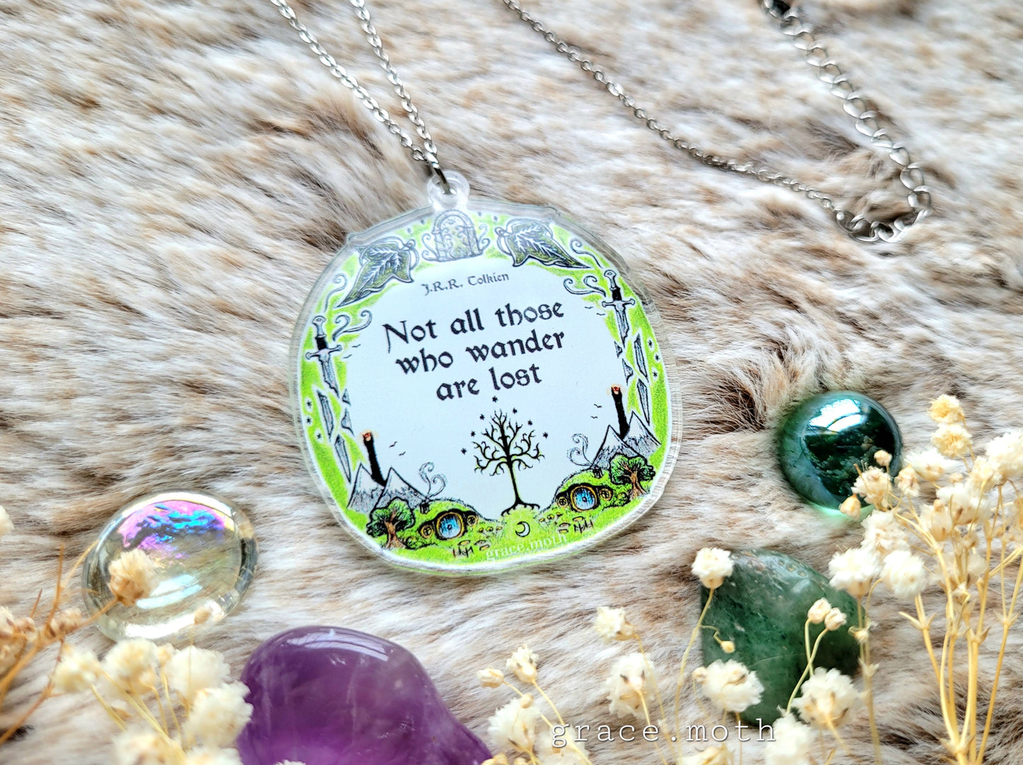 LOTR quote illustrated necklace, recycled acrylic, by Grace Moth