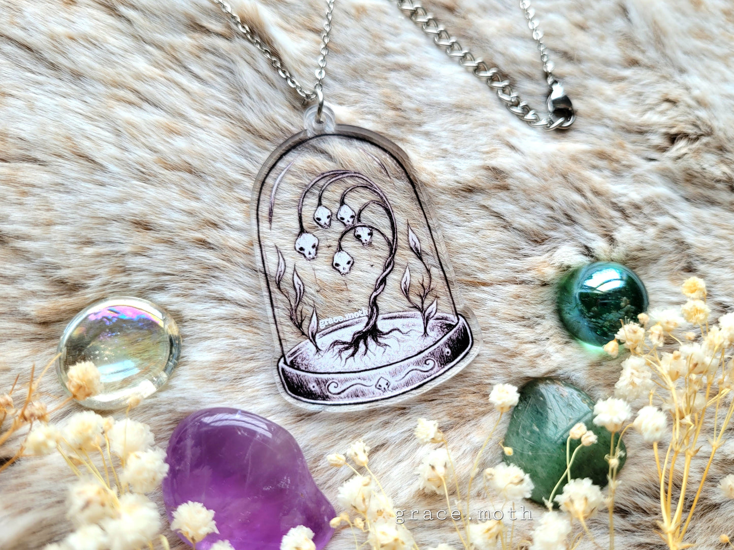 Ghost Plant Bell Jar illustrated necklace, recycled acrylic, by Grace Moth