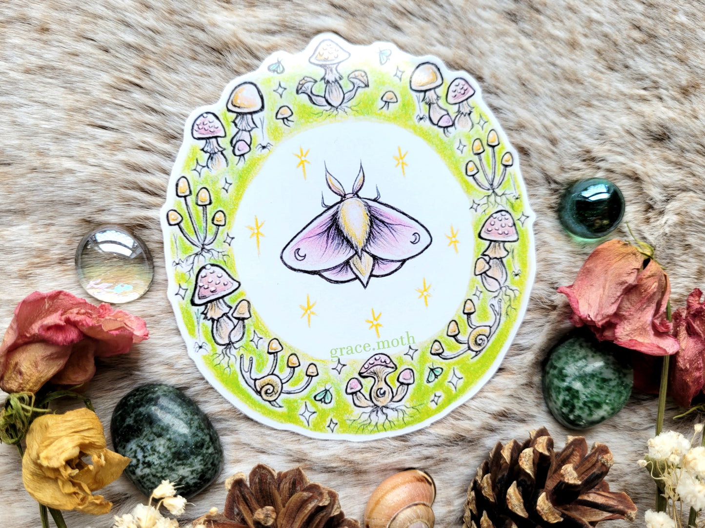 Pixie Ring - Vinyl Sticker 10cm - Fairy mushroom moth - Cottagecore - Witchy - Gothic - Illustrated by Grace moth