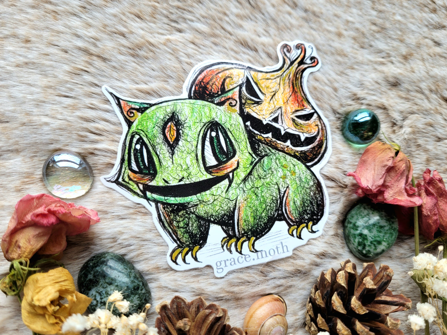 Pumpkin Bulbasaur - Vinyl Pokemon inspired Sticker 10cm - Cottagecore - Witchy - Gothic - Illustrated by Grace moth