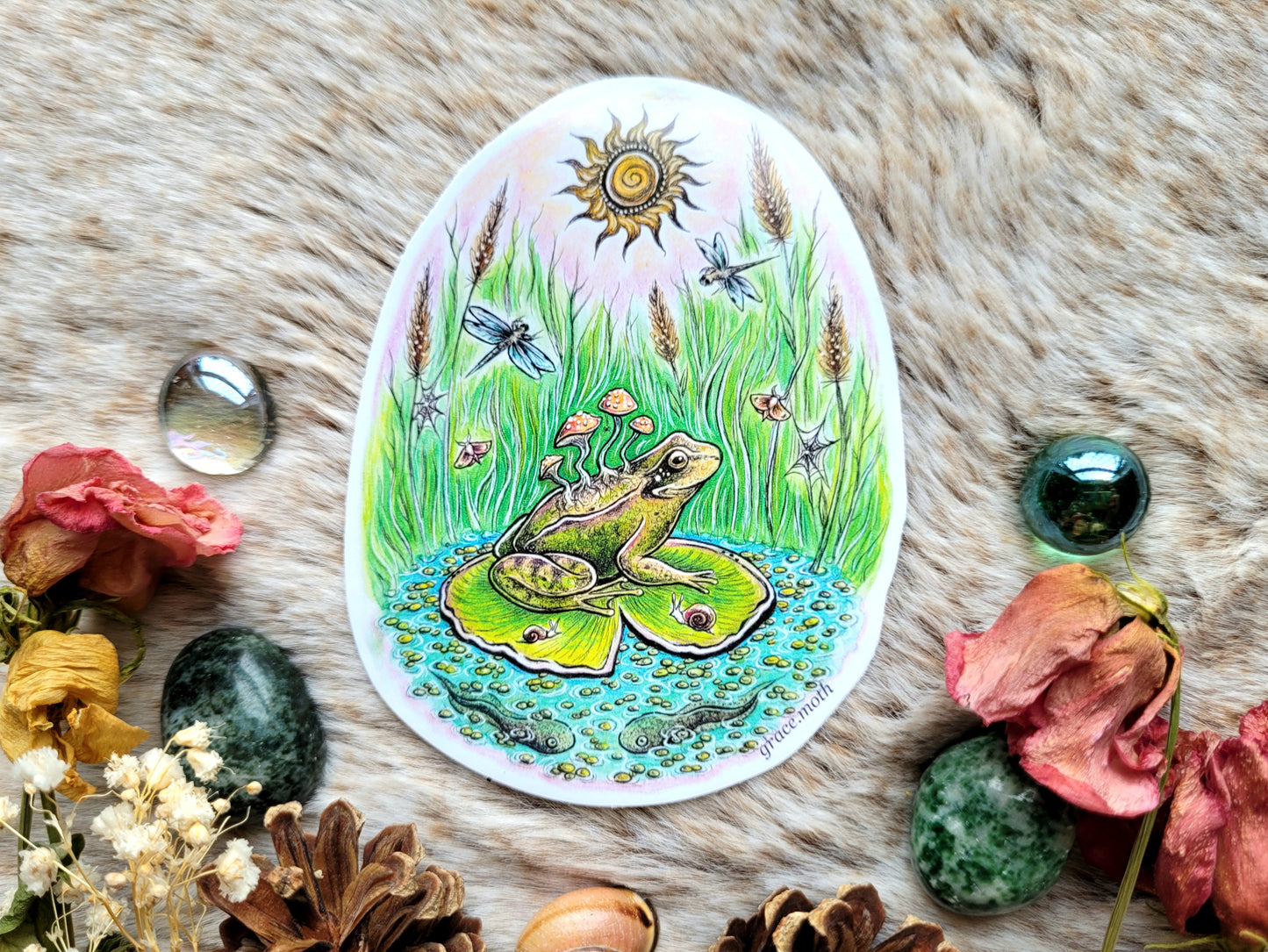 Frog on Lily Pad - Vinyl Sticker 10cm - Cottagecore - Witchy - Gothic - Illustrated by Grace moth