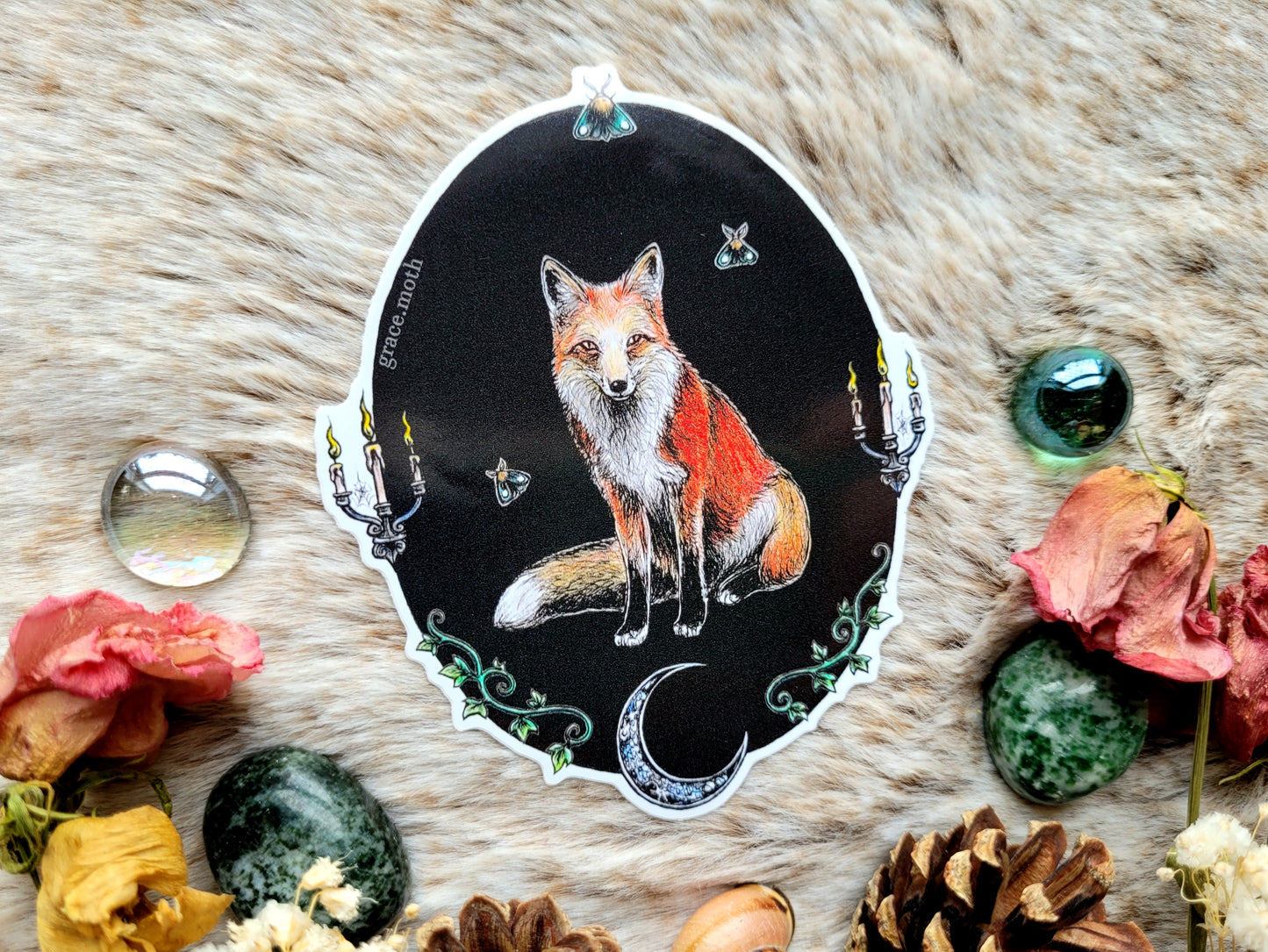 Fox Frame - Vinyl Sticker 10cm - Cottagecore - Witchy - Gothic - Illustrated by Grace moth