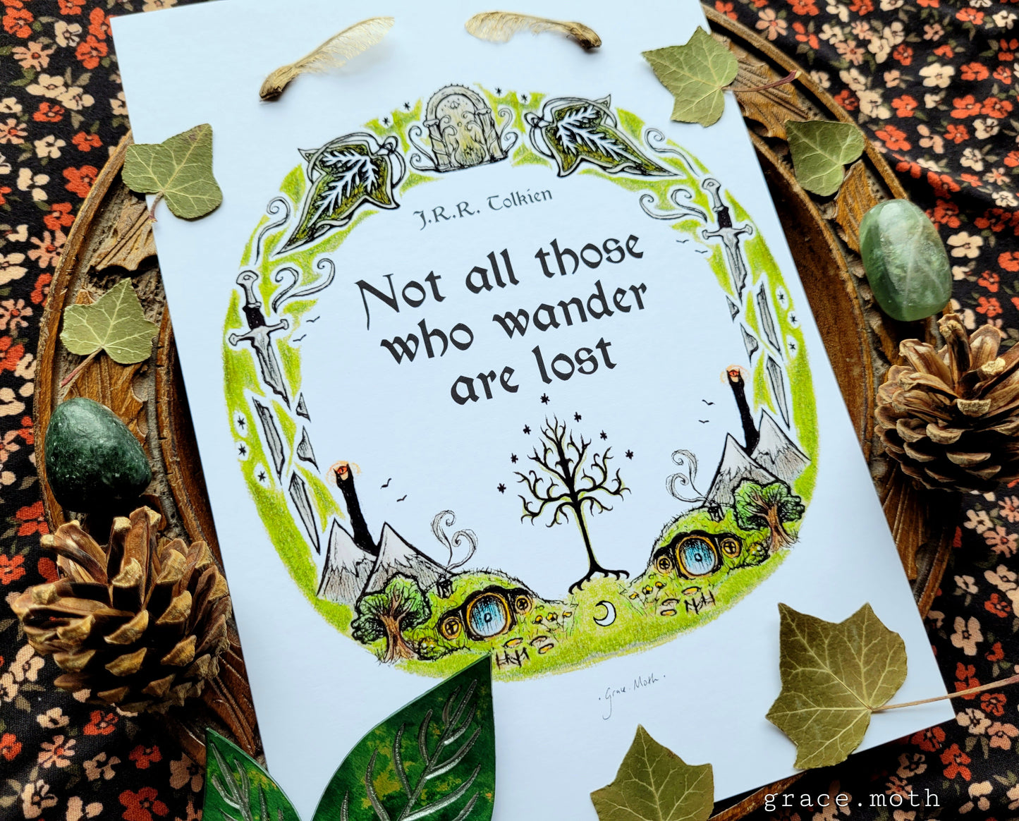 Lord of the Rings quote "Not all those who wander are lost" - A5 or A4 art print illustrated by Grace Moth - Cottagecore - Witchy - Gothic