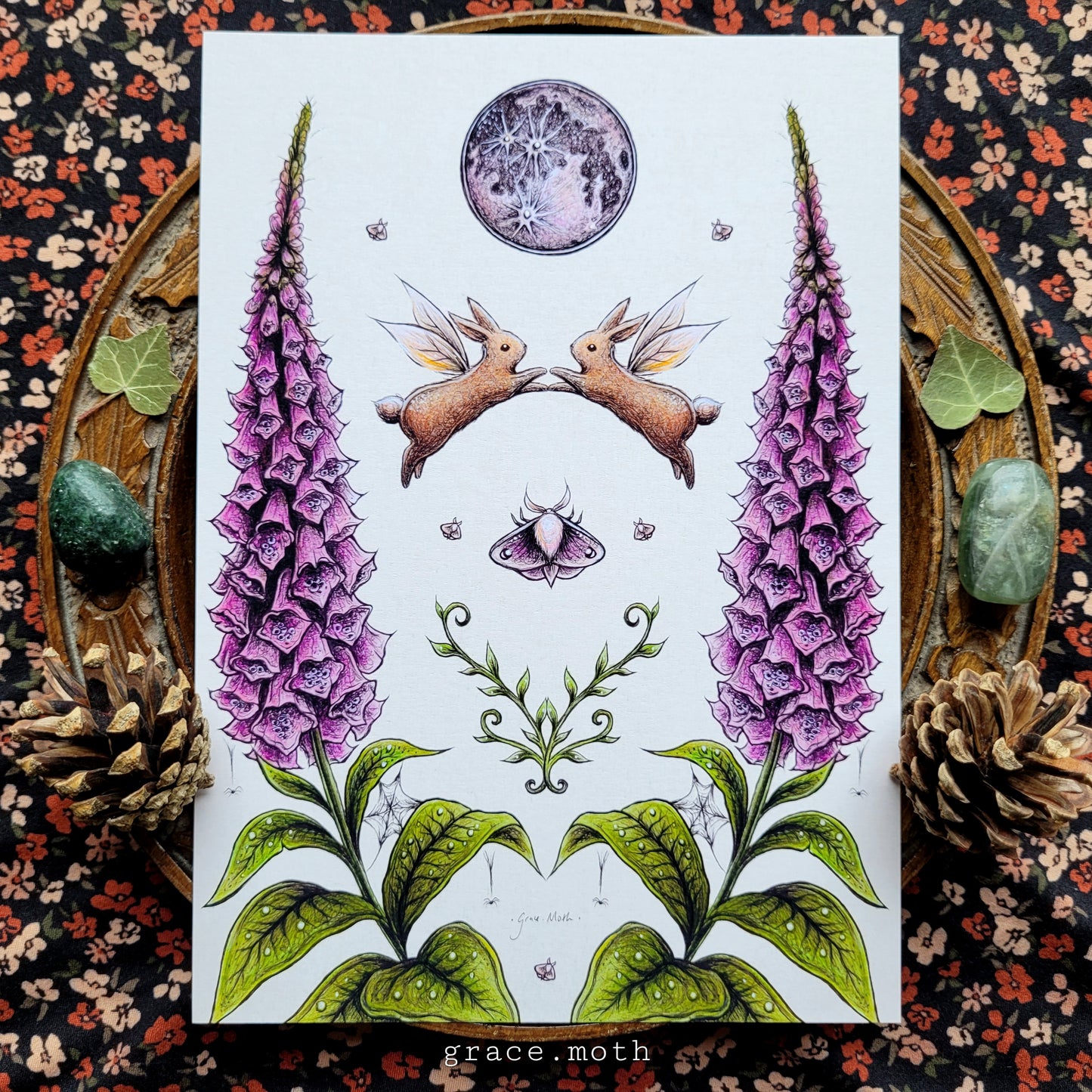 Rabbit Dance - light - A5 A4 or A3 art print illustrated by Grace Moth - Cottagecore - Witchy - Gothic - Foxgloves