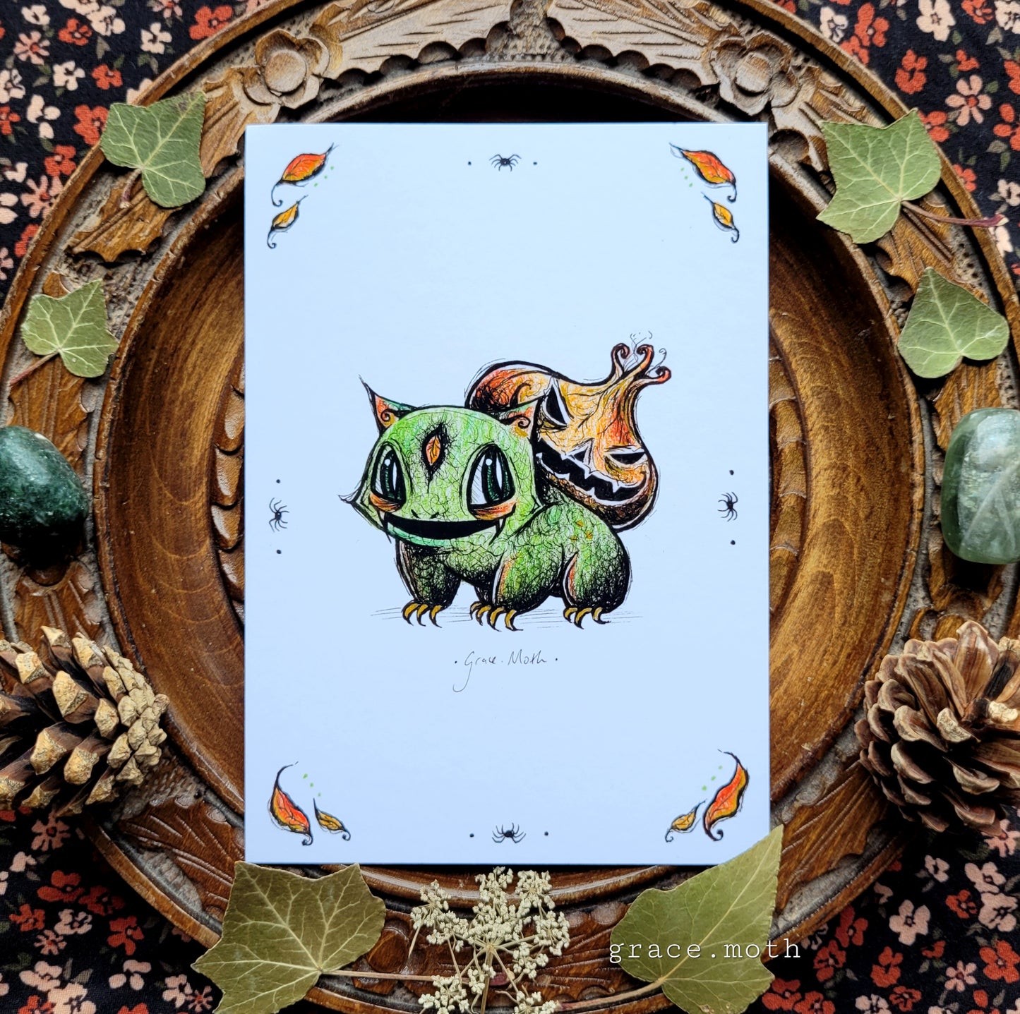 Pumpkin Bulbasaur - Pokemon inspired - A6 print by Grace Moth - 5.8 x 4.1 - Cottagecore - Gothic - Witchy