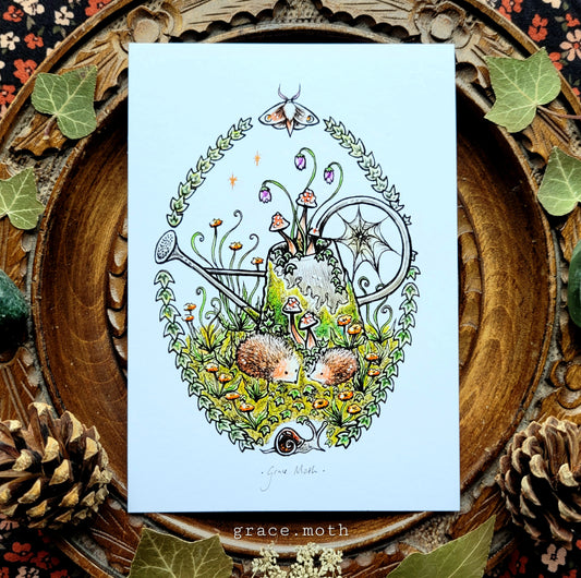 Hedgehogs with Watering Can - A6 print by Grace Moth - 5.8 x 4.1 - Cottagecore - Gothic - Witchy