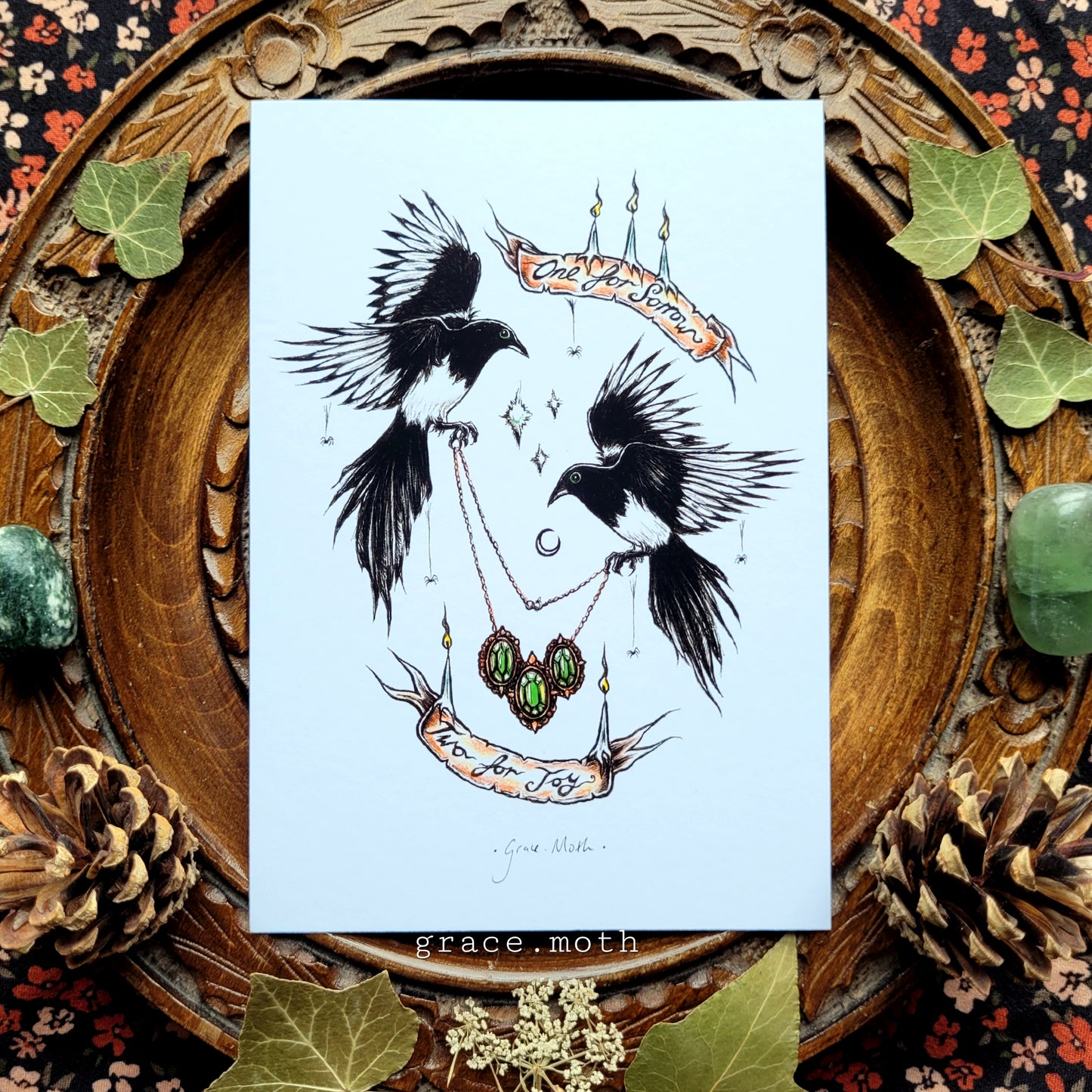 Two Magpies - A6 print by Grace Moth - 5.8 x 4.1 - Cottagecore - Gothic - Witchy