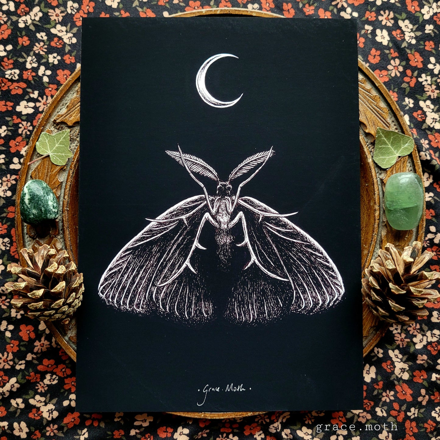 Dark Moth - A5 A4 or A3 art print illustrated by Grace Moth - Cottagecore - Witchy - Gothic