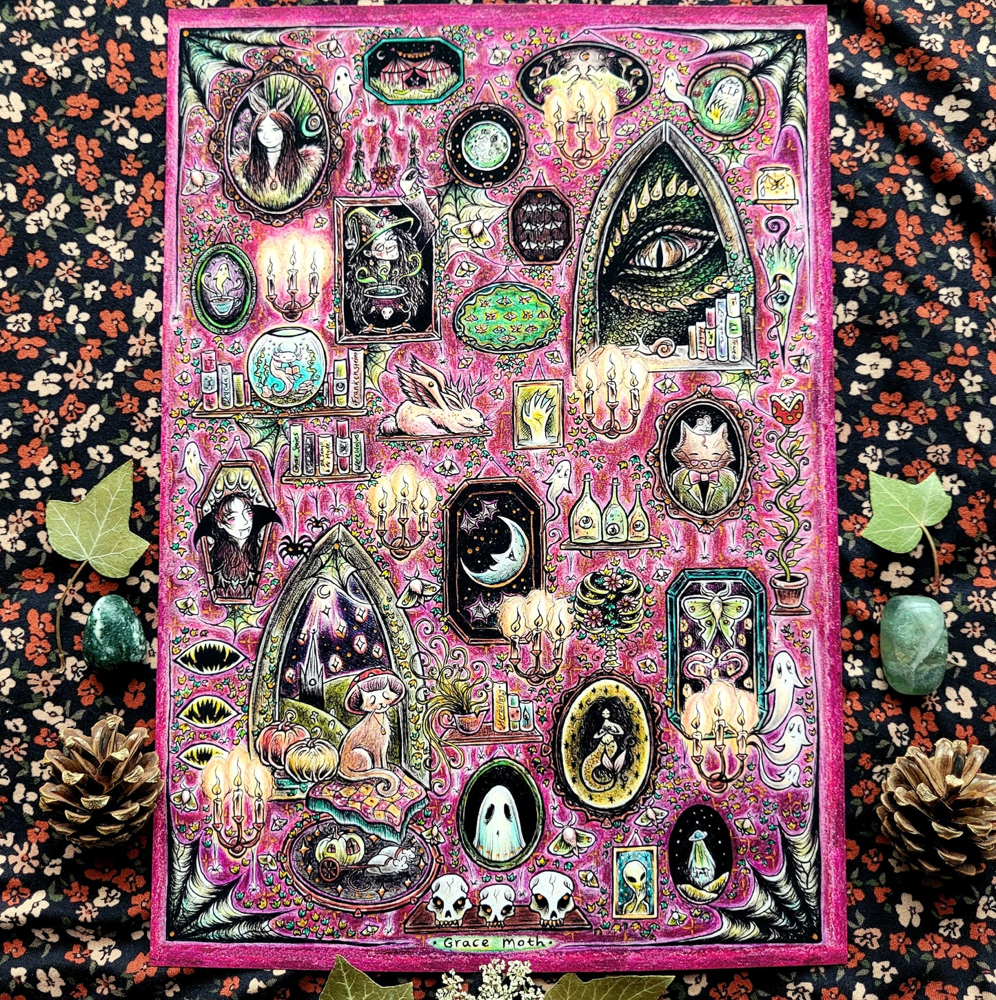 Oddities Wall of Frames - Crimson Pink - A4 or A3 art print illustrated by Grace Moth - Cottagecore - Witchy - Gothic