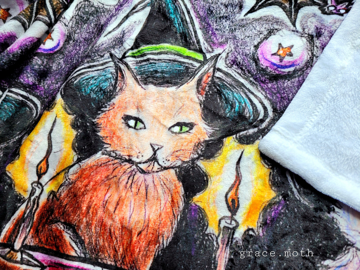 Cat Coven purple throw blanket - witchy gothic original design by Grace Moth - 50" by 60"