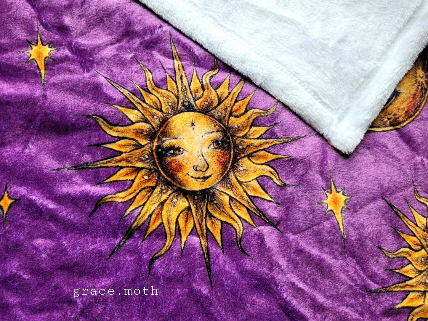 Sun and Moon lovers purple throw blanket - witchy gothic original design by Grace Moth - 50" by 60"