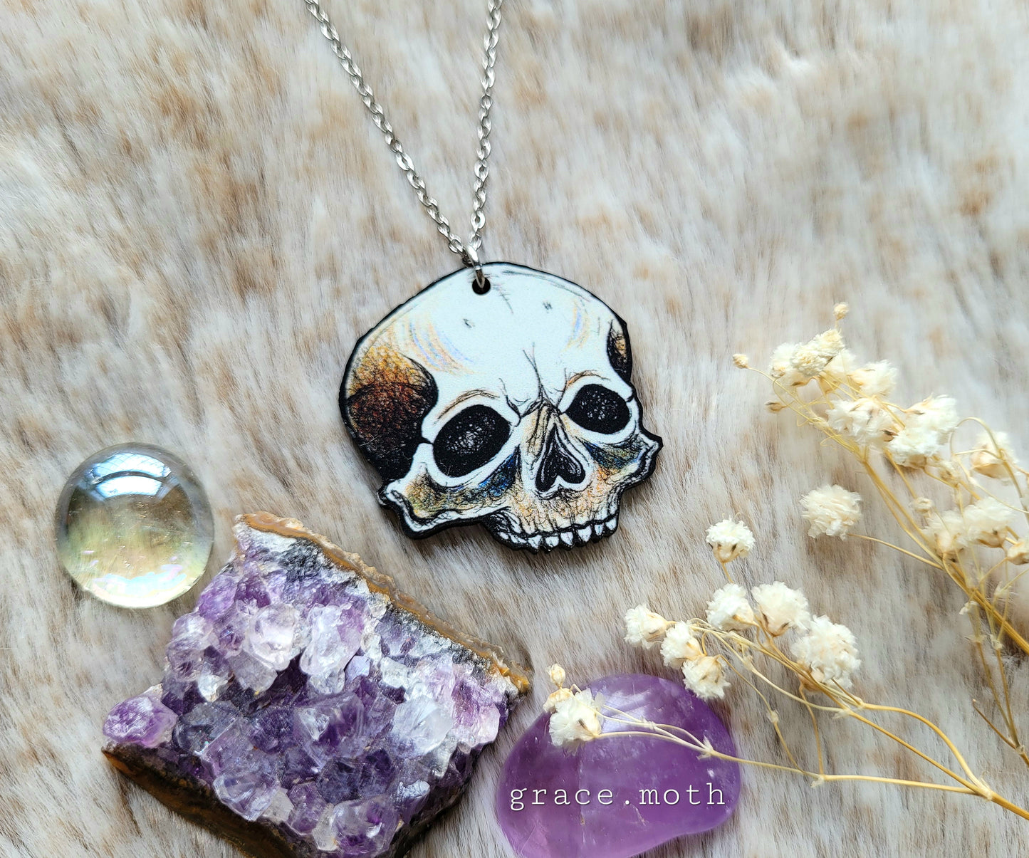 Skull illustrated necklace, responsibly sourced cherry wood, chain options available, by Grace Moth
