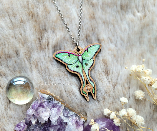 Luna Moth illustrated necklace - light - responsibly sourced cherry wood, chain options available, by Grace Moth