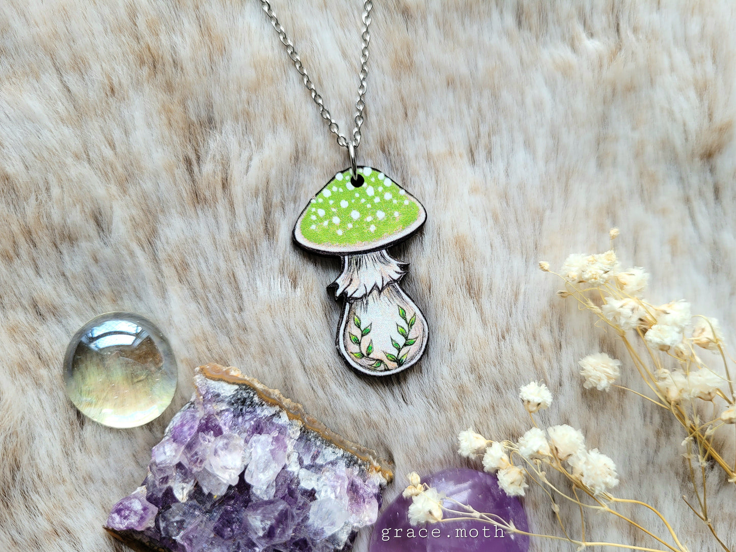 Green Mushroom illustrated necklace, responsibly sourced cherry wood, chain options available, by Grace Moth