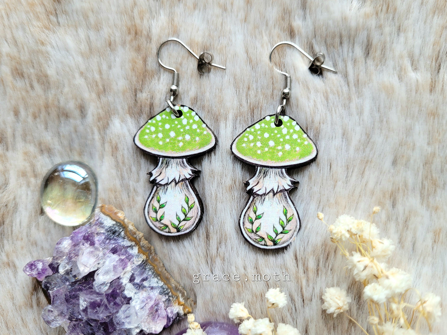 Green Mushroom illustrated earrings - responsibly sourced cherry wood, 304 Stainless Steel hooks, by Grace Moth