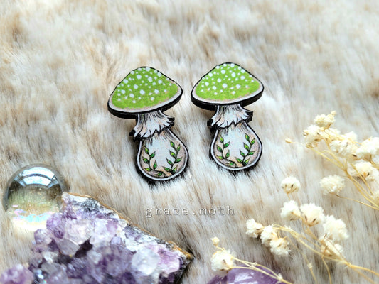 Green Mushroom illustrated stud earrings - responsibly sourced cherry wood, 304 Stainless Stee, by Grace Moth