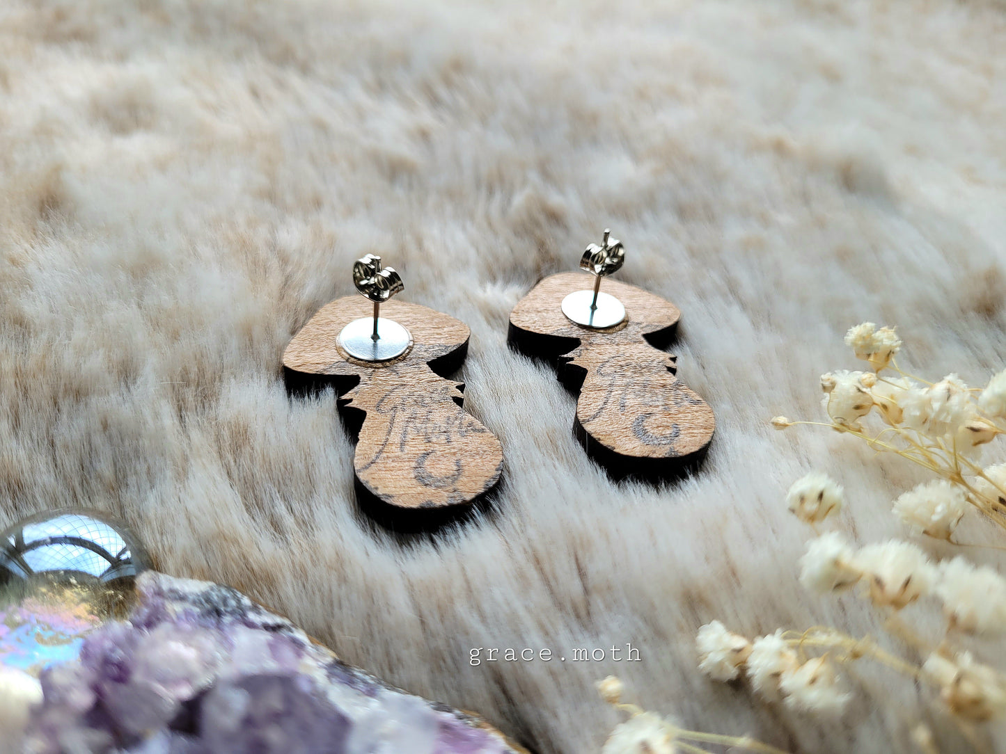 Green Mushroom illustrated stud earrings - responsibly sourced cherry wood, 304 Stainless Stee, by Grace Moth