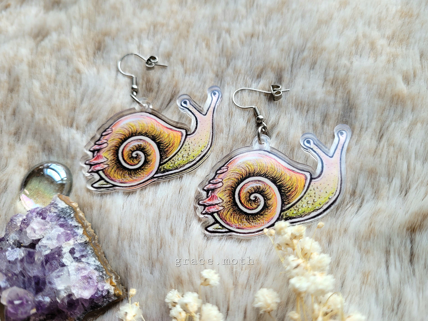 Cute Snail illustrated earrings, recycled acrylic and 304 hypoallergenic stainless steel hooks, by Grace Moth