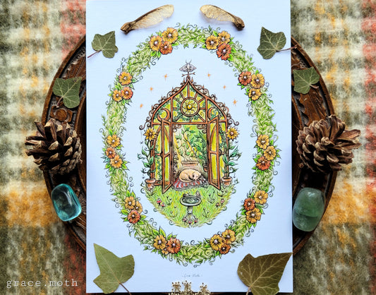 Greenhouse with Labrador - A5 or A4 art print illustrated by Grace Moth - Cottagecore - Witchy - Gothic