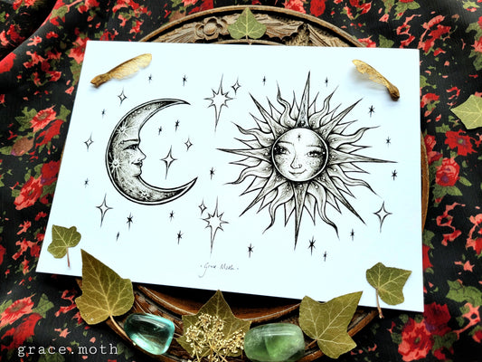 Sun and Moon Lovers Sketch - A5 art print by Grace Moth - Whimsigoth