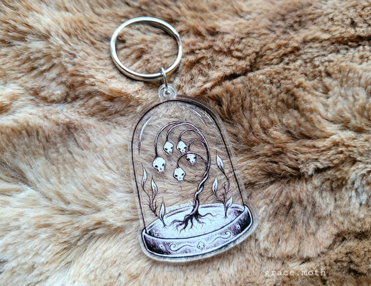 Ghost Plant Bell jar illustrated Key Ring, recycled clear acrylic, by Grace Moth