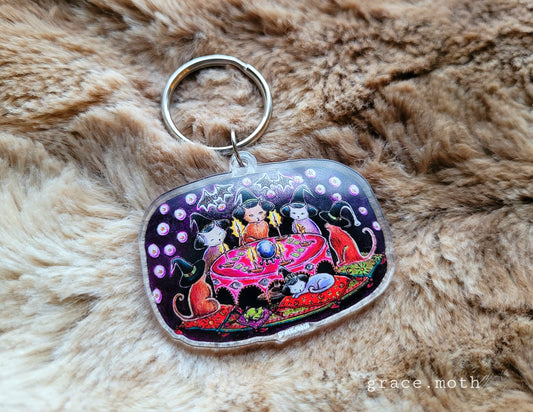 Cat Coven illustrated Key Ring, recycled clear acrylic, by Grace Moth