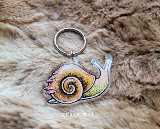 Cute Snail illustrated Key Ring, recycled clear acrylic, by Grace Moth