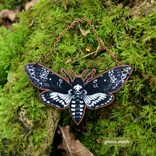 Large Death head hawk Moth illustrated ornament, wall hanging, 7.5cm responsibly sourced cherry wood, chain options available, by Grace Moth