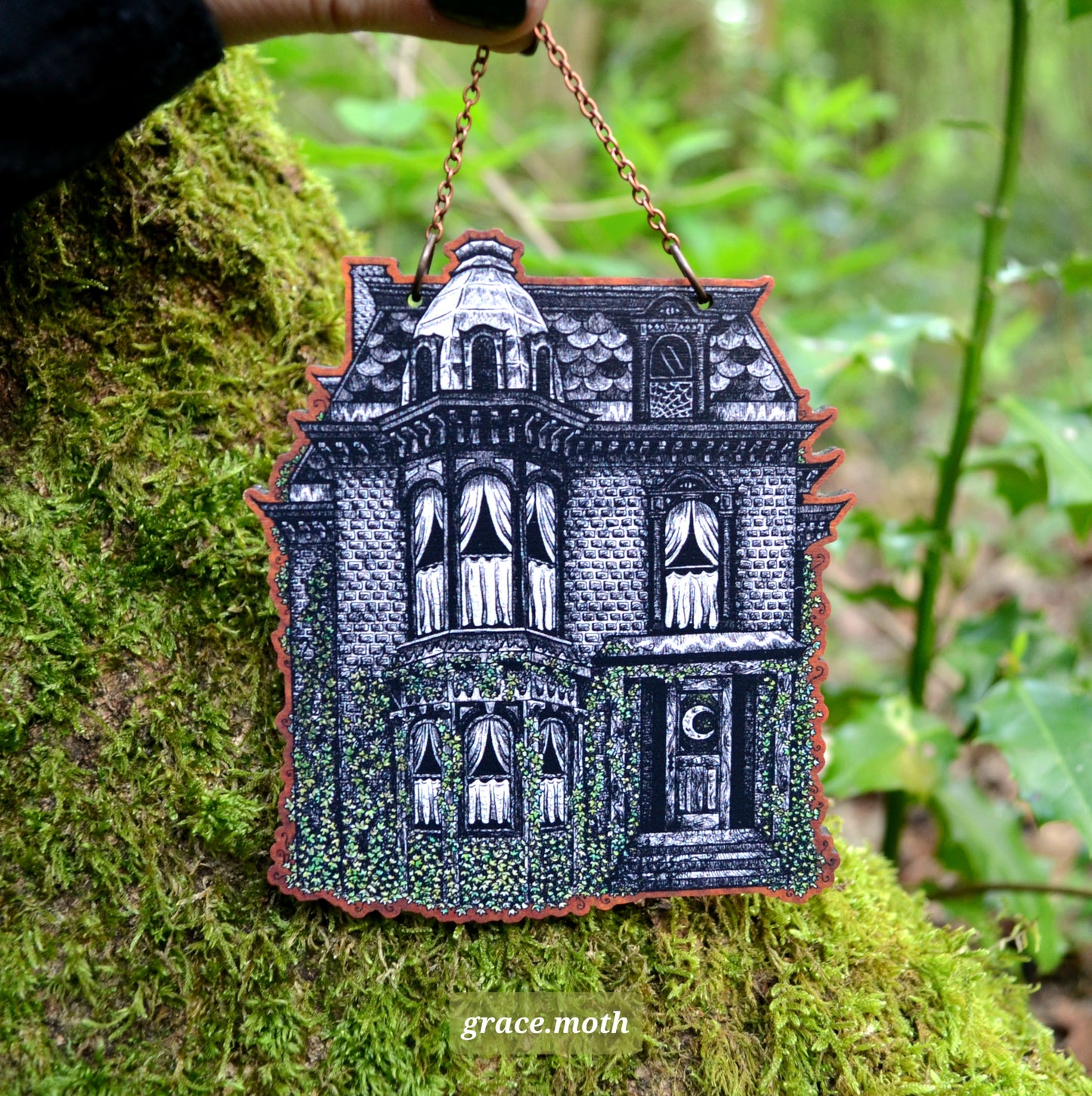 Haunted House ornament, wall hanging, 10cm, responsibly sourced cherry wood, chain and ribbon options available, by Grace Moth