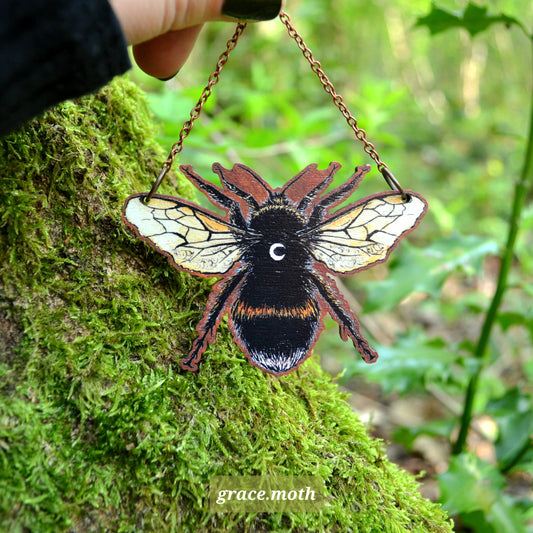 Large Bumble Bee illustrated, ornament, wall hanging, 7.5cm responsibly sourced cherry wood, chain options available, by Grace Moth