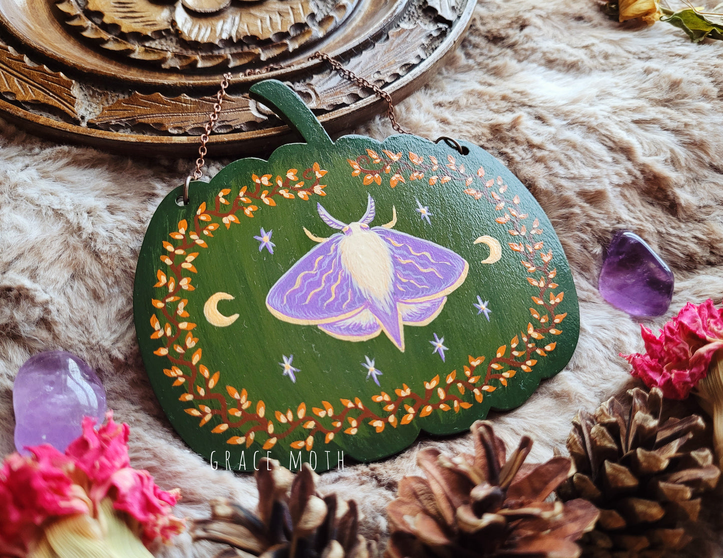 Original painted Magical Moth on Pumpkin - One of a kind handmade wall hanging/ornament by Grace Moth