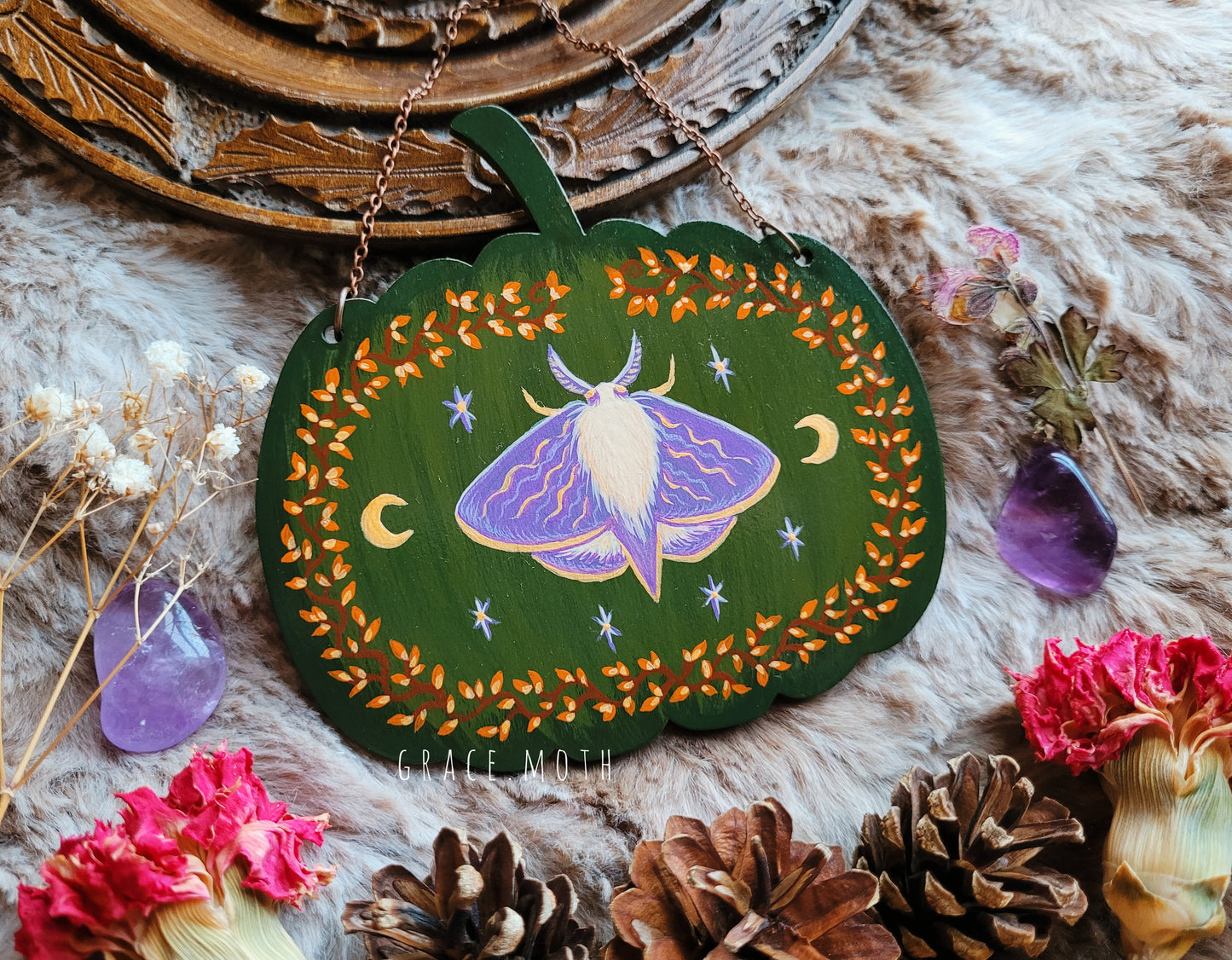 Original painted Magical Moth on Pumpkin - One of a kind handmade wall hanging/ornament by Grace Moth