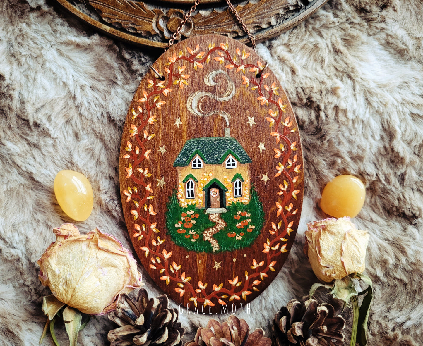 Original painted Autumn Cottage - One of a kind handmade wall hanging/ornament by Grace Moth