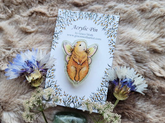 Guinea pig fairy illustrated pin, recycled clear acrylic, by Grace Moth