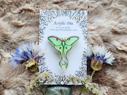 Luna Moth illustrated pin, recycled clear acrylic, by Grace Moth