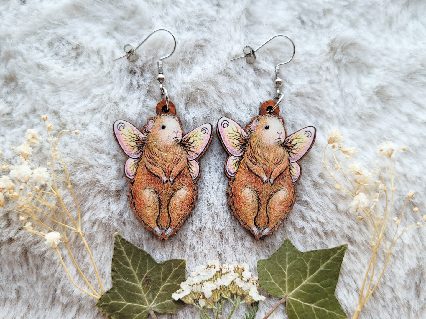 Guinea pig fairy illustrated earrings, responsibly sourced cherry wood, 304 Stainless Steel hooks, by Grace Moth